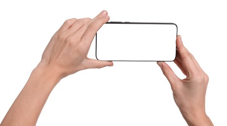 Photo of Woman with modern smartphone on white background, closeup