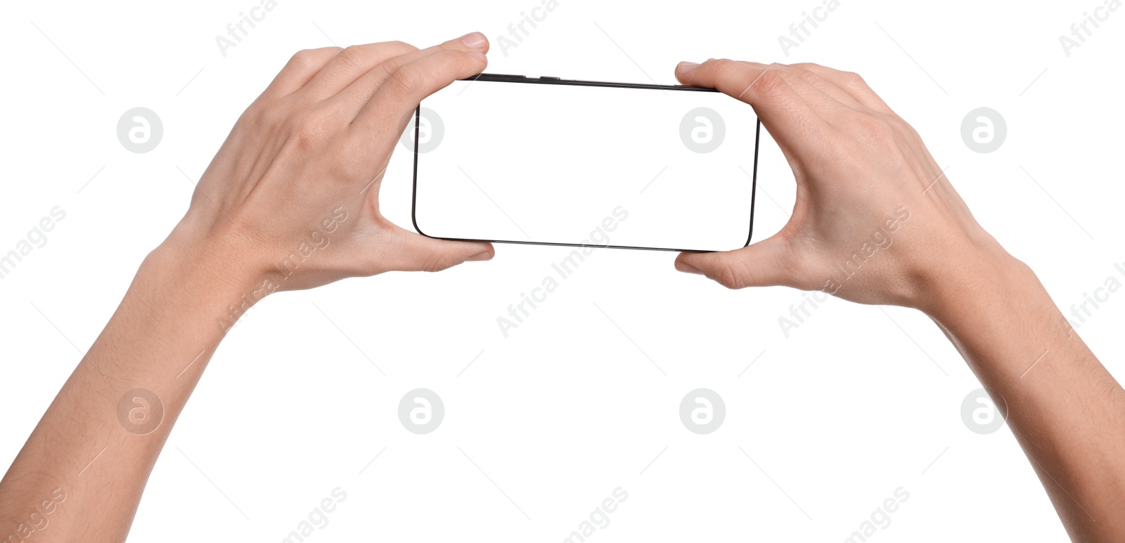 Photo of Woman with modern smartphone on white background, closeup