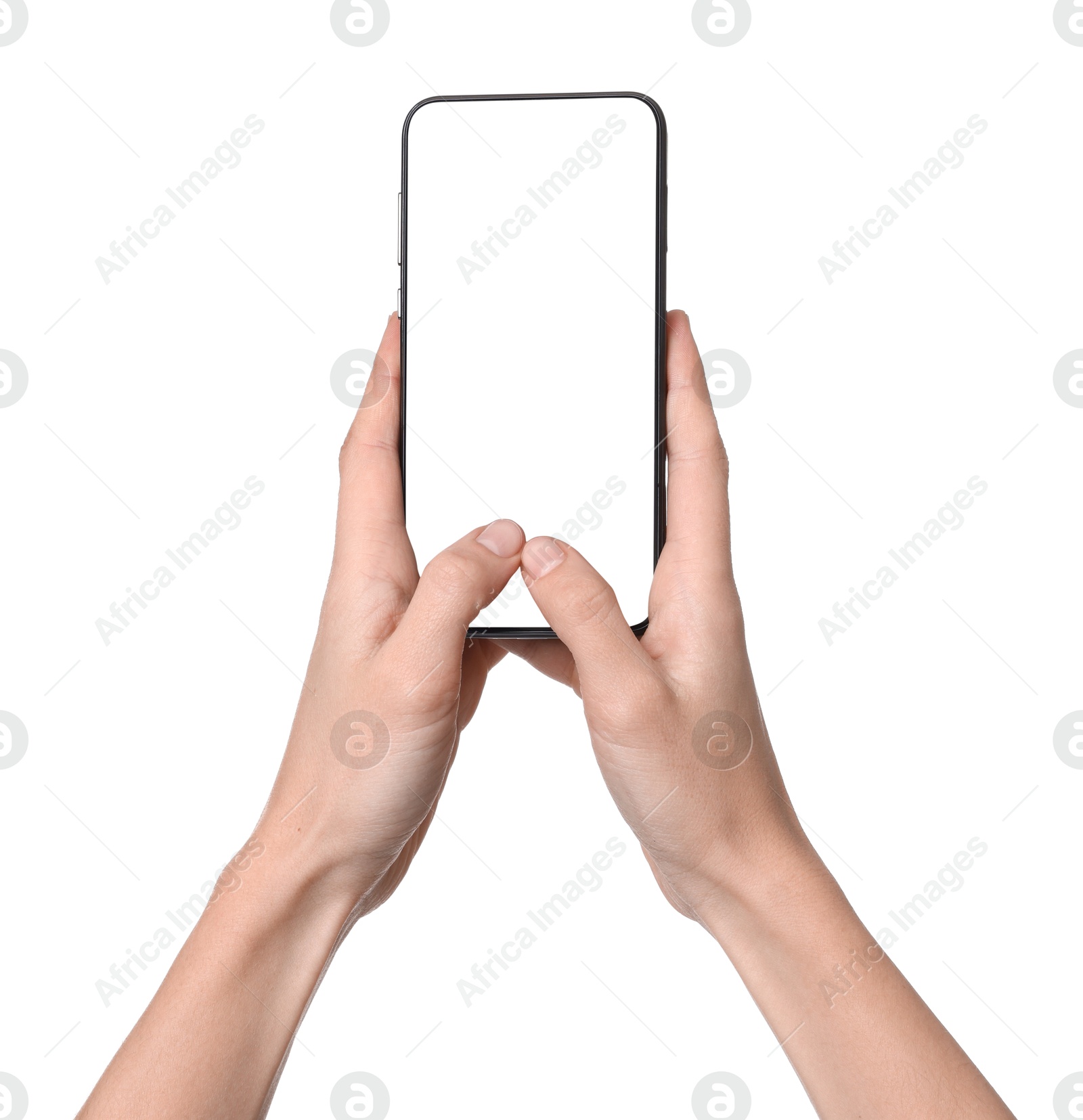 Photo of Woman with modern smartphone on white background, closeup