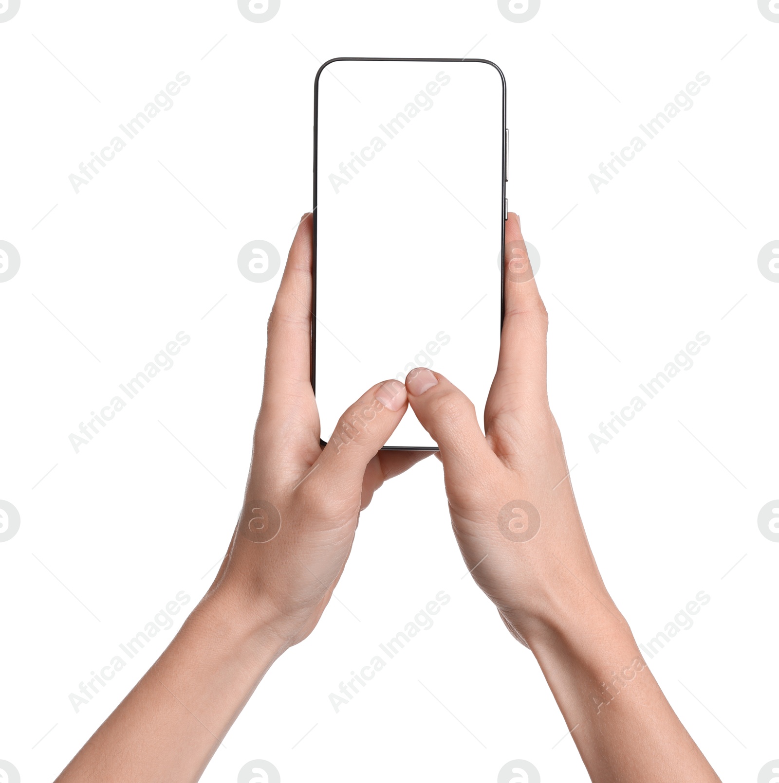 Photo of Woman with modern smartphone on white background, closeup