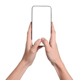 Photo of Woman with modern smartphone on white background, closeup