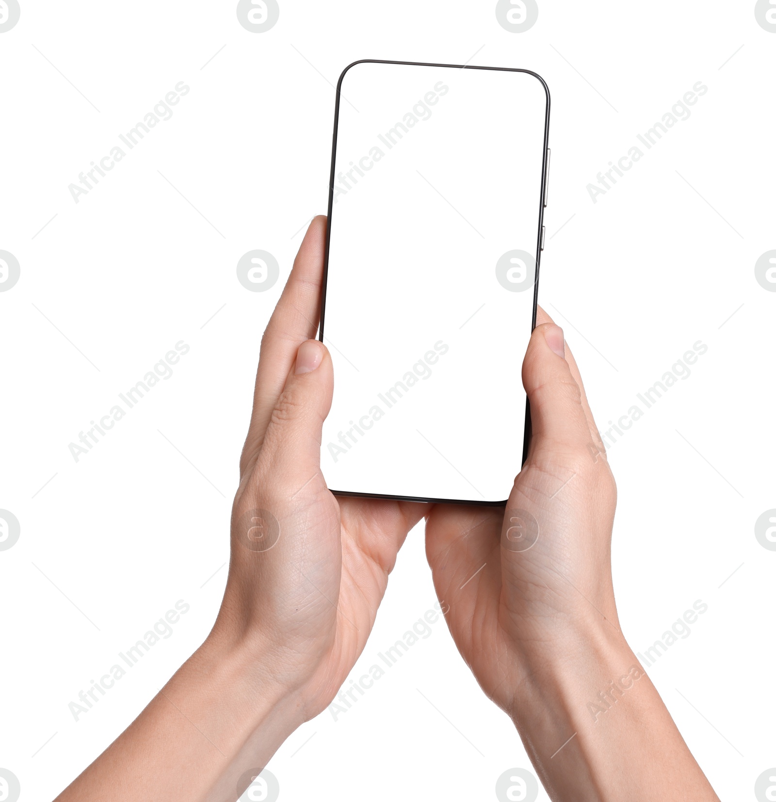 Photo of Woman with modern smartphone on white background, closeup