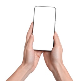 Photo of Woman with modern smartphone on white background, closeup