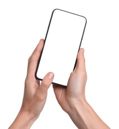 Photo of Woman with modern smartphone on white background, closeup