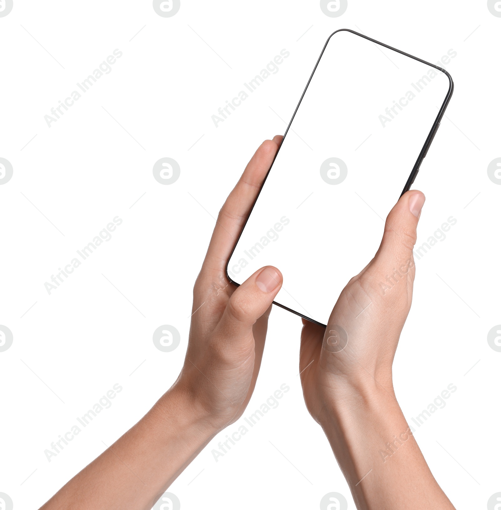 Photo of Woman with modern smartphone on white background, closeup