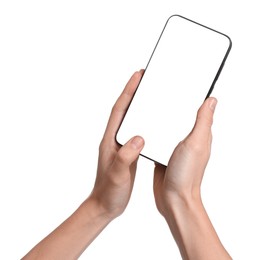 Photo of Woman with modern smartphone on white background, closeup