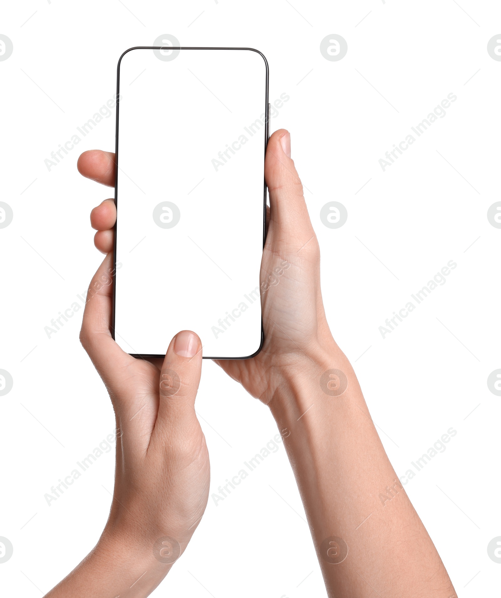 Photo of Woman with modern smartphone on white background, closeup