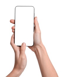 Photo of Woman with modern smartphone on white background, closeup