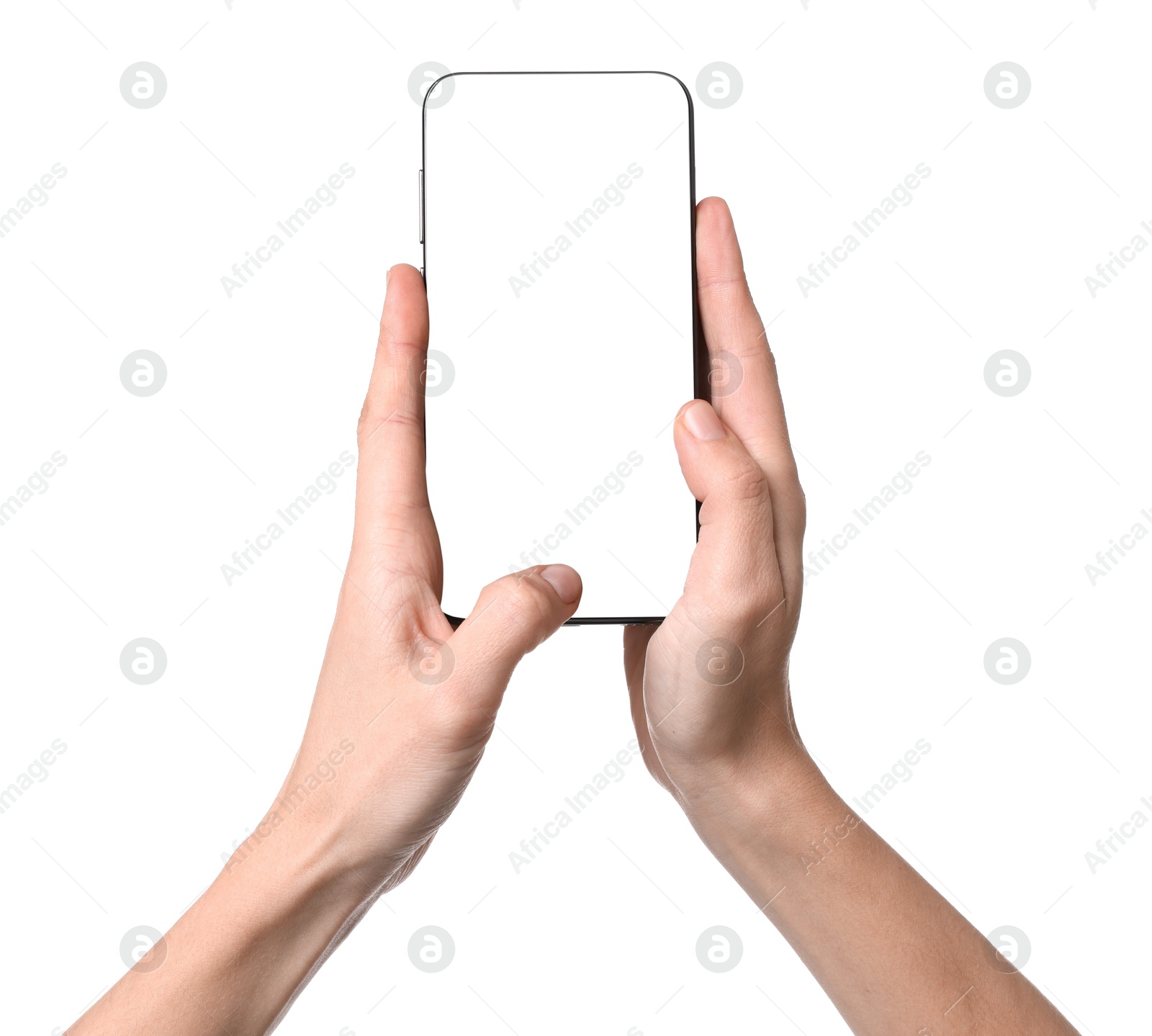 Photo of Woman with modern smartphone on white background, closeup