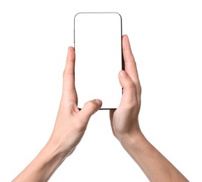 Photo of Woman with modern smartphone on white background, closeup