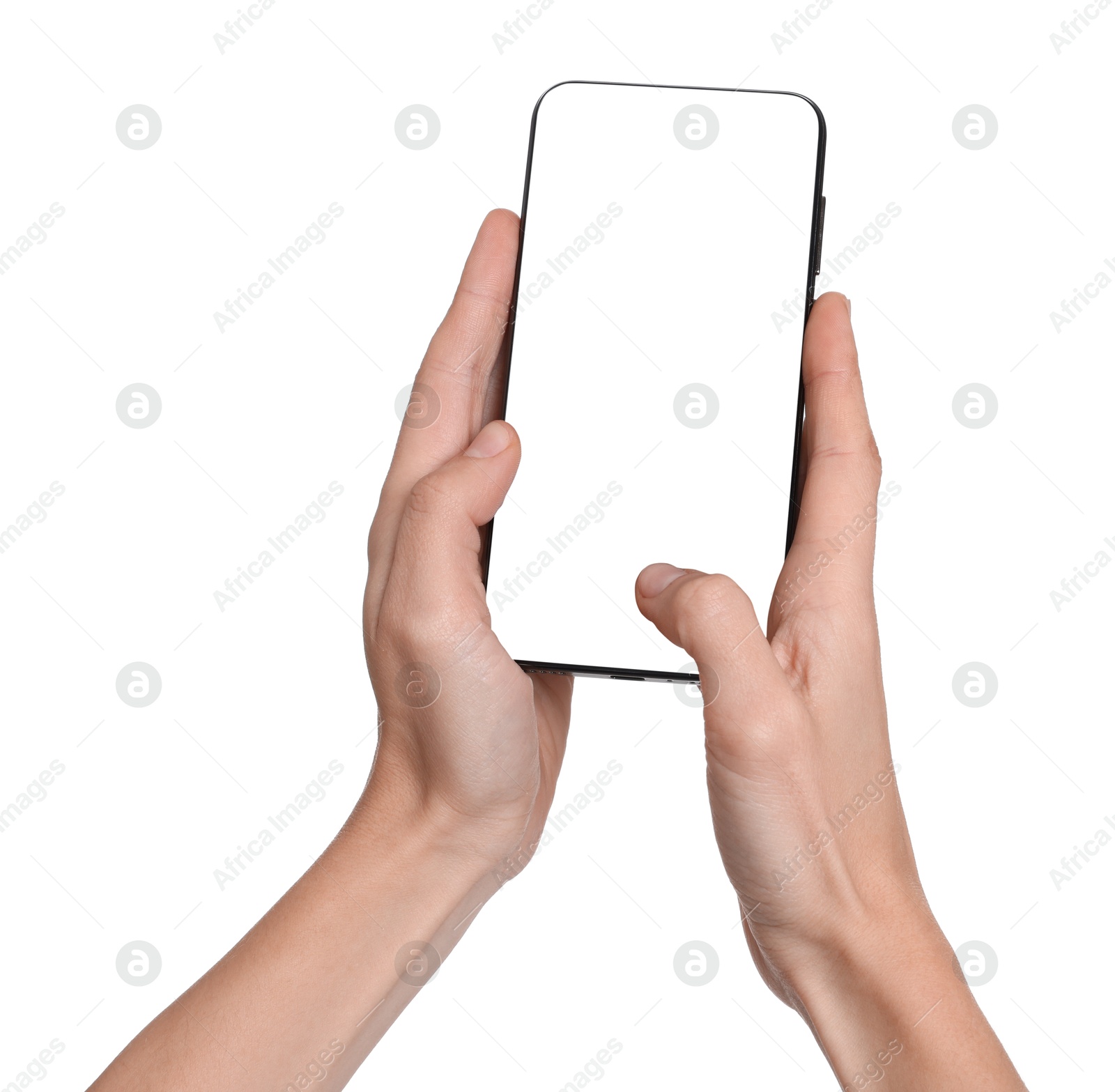 Photo of Woman with modern smartphone on white background, closeup