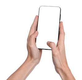 Photo of Woman with modern smartphone on white background, closeup