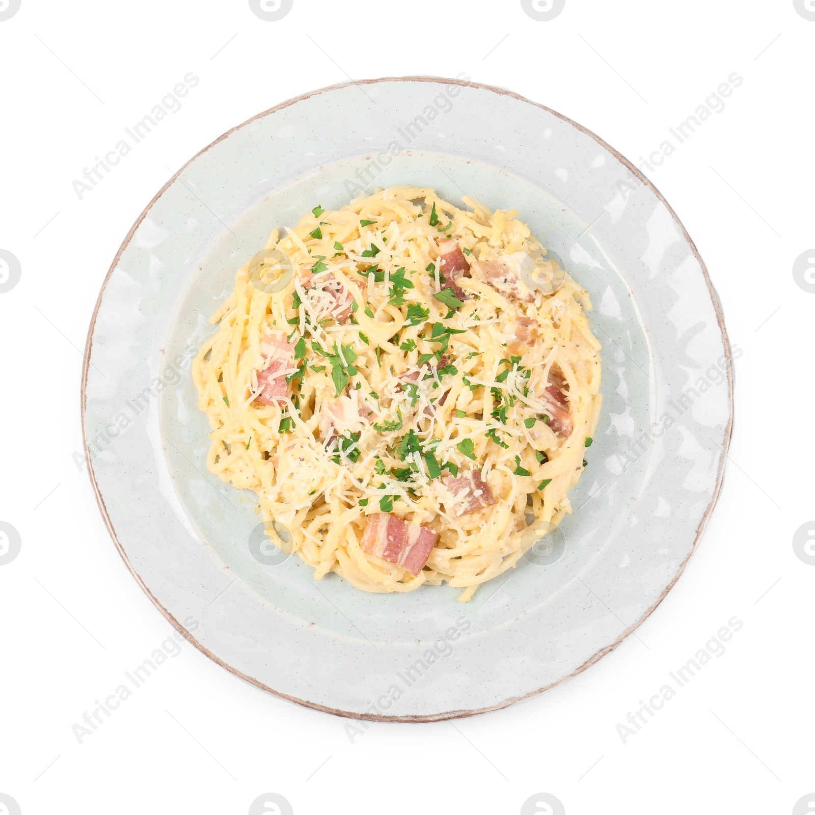 Photo of Delicious pasta Carbonara with bacon isolated on white, top view