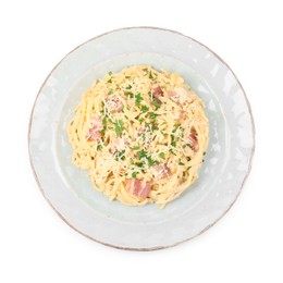 Photo of Delicious pasta Carbonara with bacon isolated on white, top view