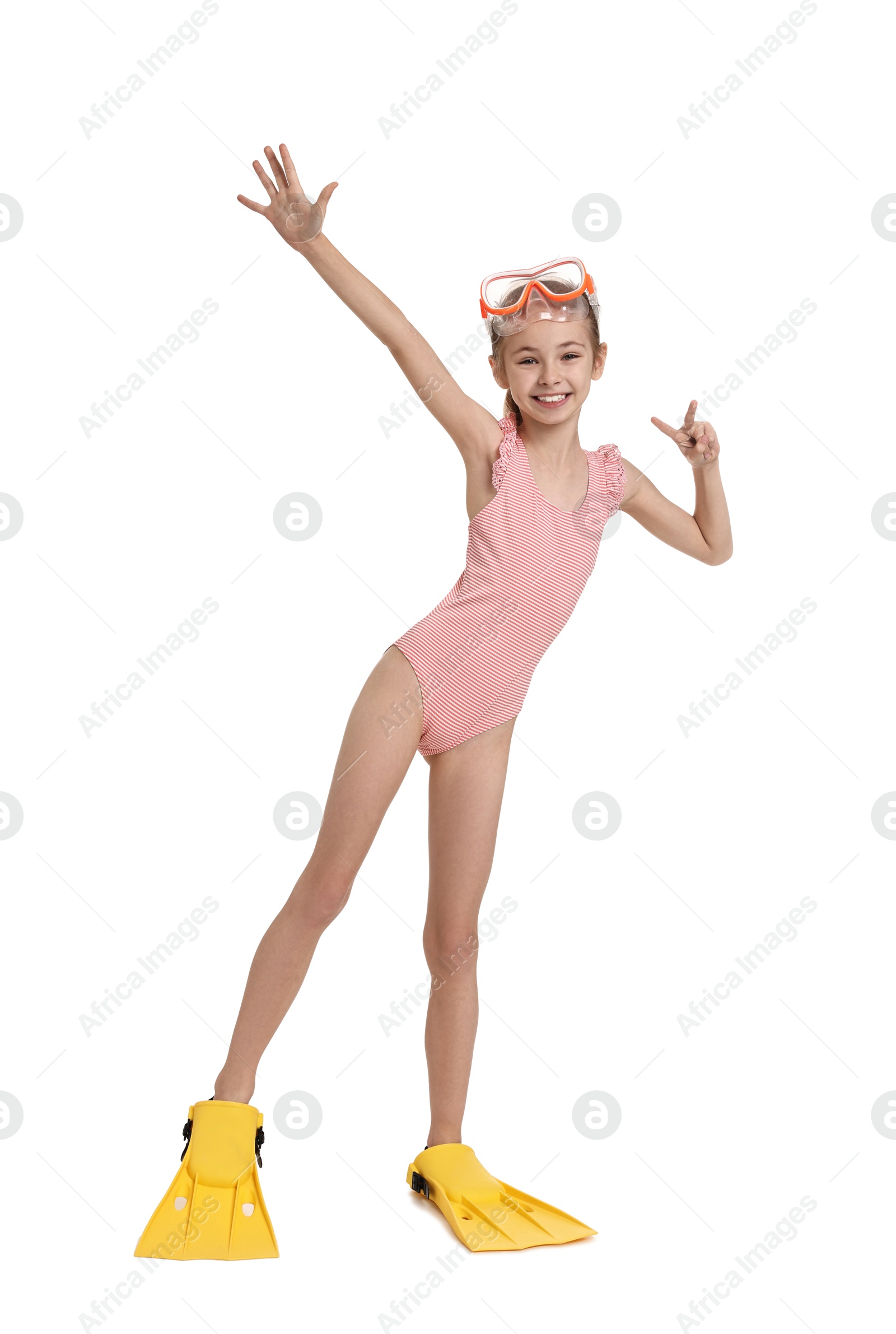 Photo of Happy girl in beachwear with diving mask and flippers on white background