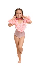 Photo of Cute little girl in swimsuit on white background