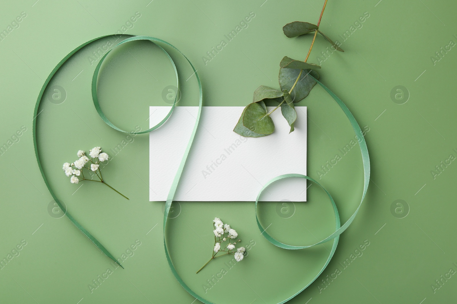 Photo of Blank card, ribbon, gypsophila flowers and eucalyptus branch on green background, flat lay