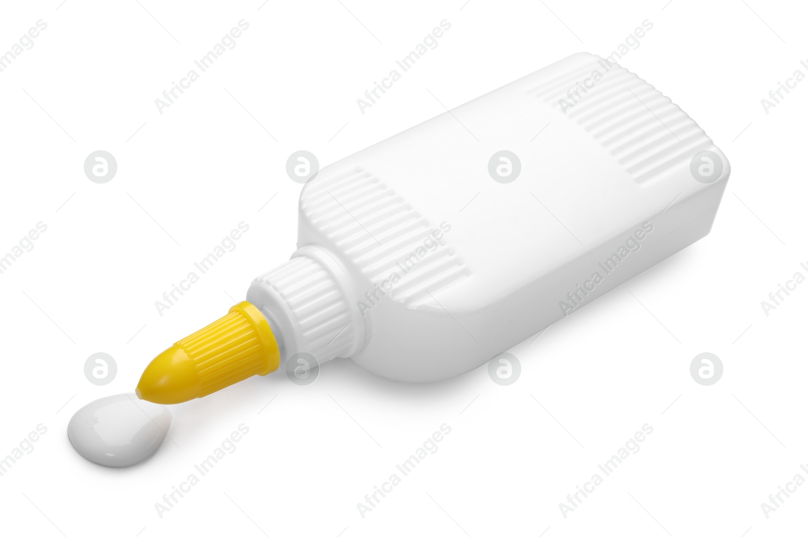 Photo of Bottle and stain of glue isolated on white