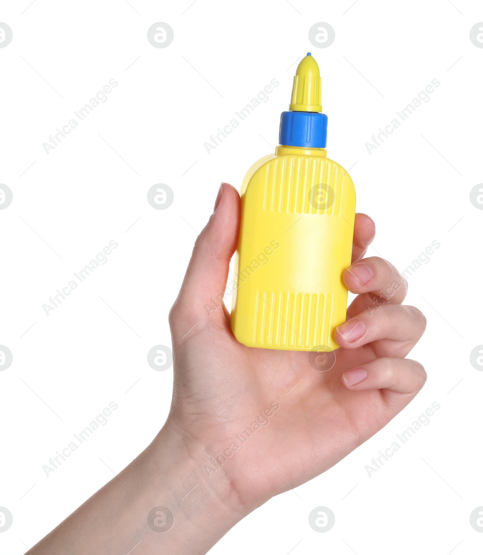 Photo of Woman with bottle of glue on white background, closeup