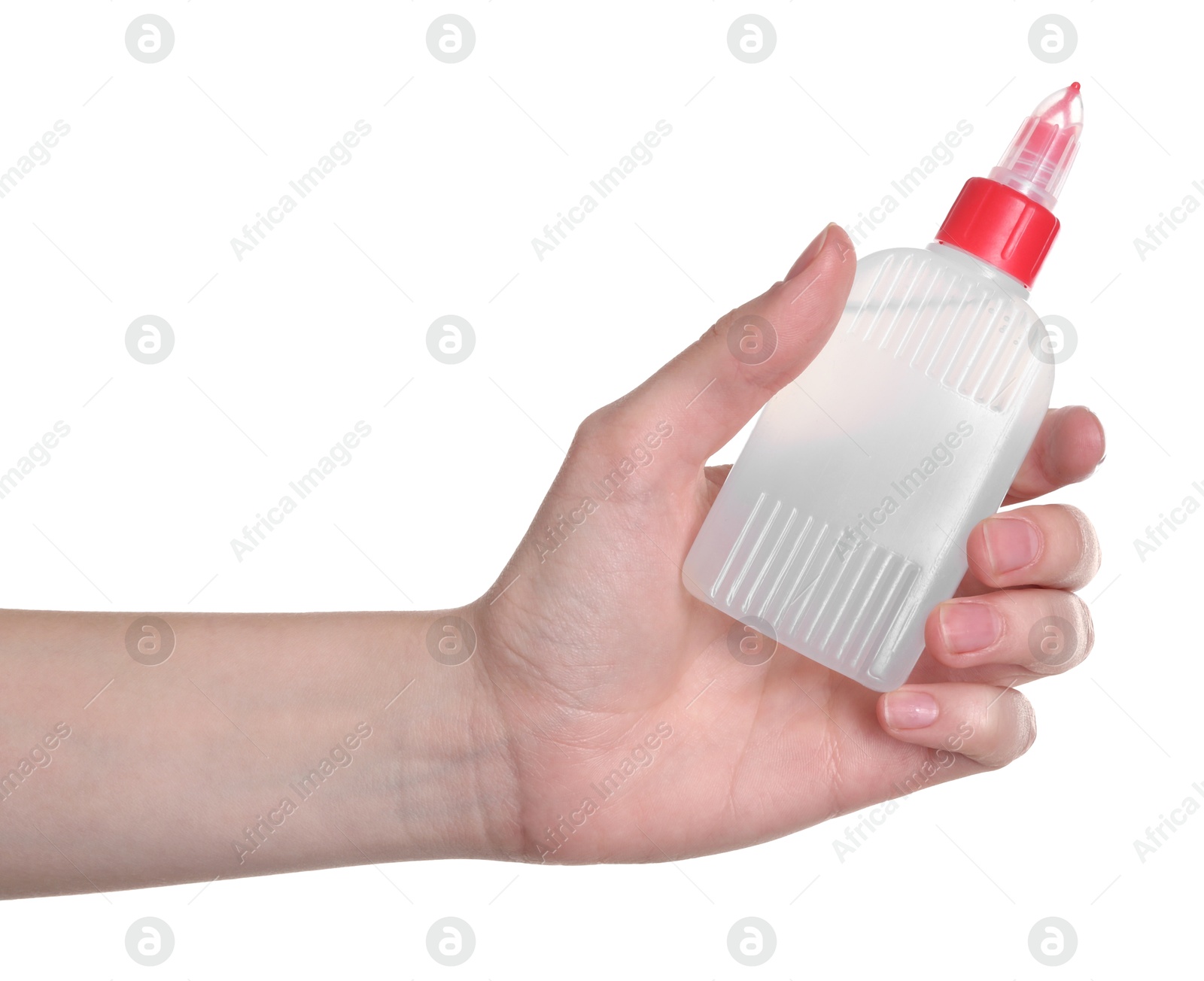 Photo of Woman with bottle of glue on white background, closeup