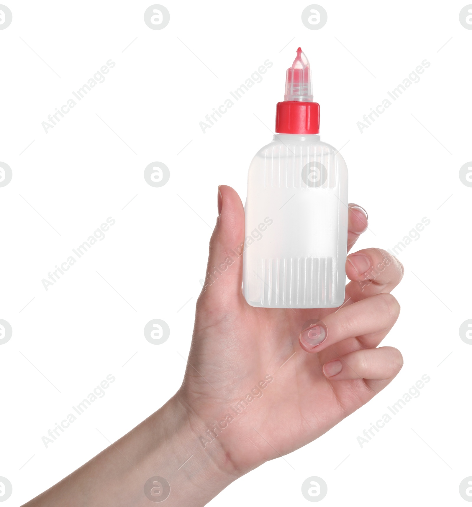 Photo of Woman with bottle of glue on white background, closeup