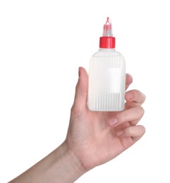 Photo of Woman with bottle of glue on white background, closeup