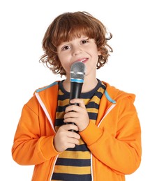 Little boy with microphone on white background