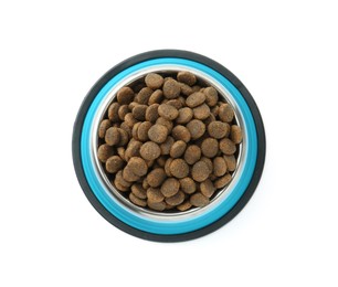 Photo of Dry pet food granules in feeding bowl isolated on white, top view