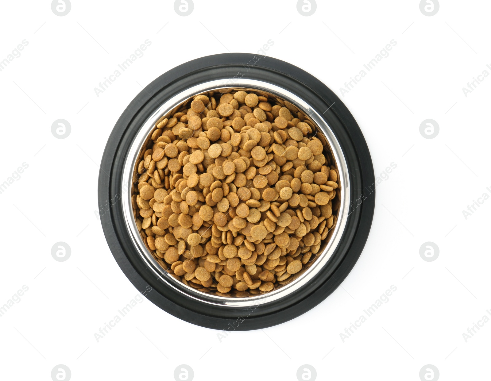 Photo of Dry pet food granules in feeding bowl isolated on white, top view