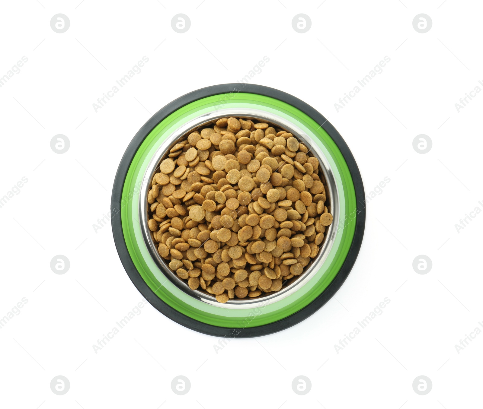 Photo of Dry pet food granules in feeding bowl isolated on white, top view