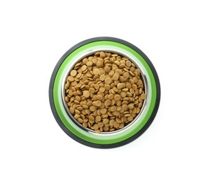 Photo of Dry pet food granules in feeding bowl isolated on white, top view