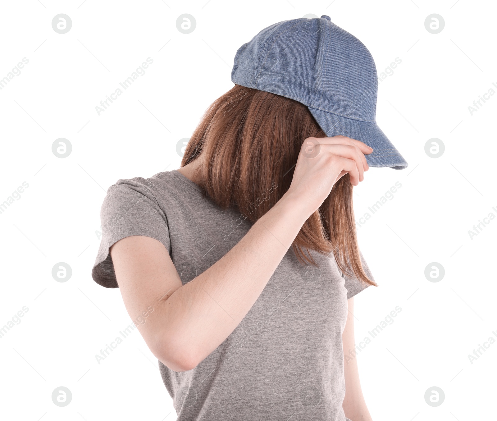 Photo of Woman in stylish baseball cap on white background. Mockup for design