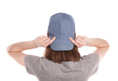 Photo of Woman in stylish baseball cap on white background, back view. Mockup for design