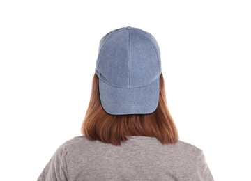 Photo of Woman in stylish baseball cap on white background, back view. Mockup for design