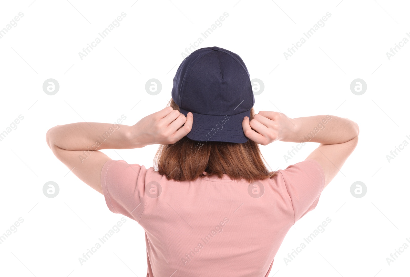 Photo of Woman in stylish baseball cap on white background, back view. Mockup for design