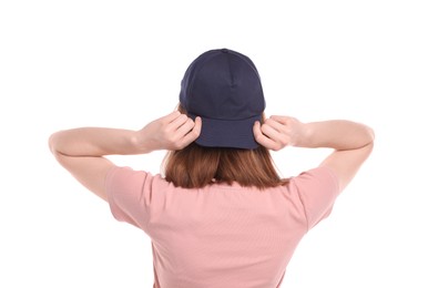 Photo of Woman in stylish baseball cap on white background, back view. Mockup for design