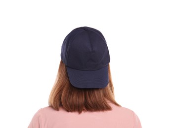 Photo of Woman in stylish baseball cap on white background, back view. Mockup for design