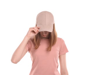 Photo of Woman in stylish baseball cap on white background. Mockup for design