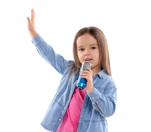 Photo of Cute girl with microphone singing on white background