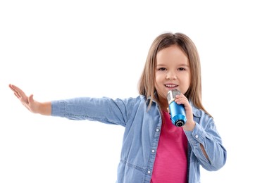 Photo of Smiling girl with microphone on white background