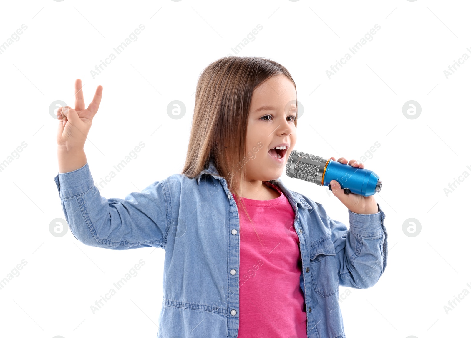 Photo of Cute girl with microphone singing on white background