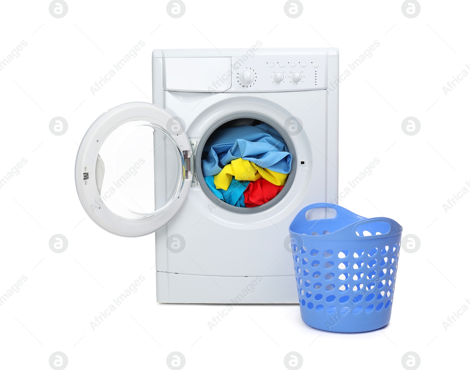 Photo of Washing machine with colorful clothes and basket isolated on white