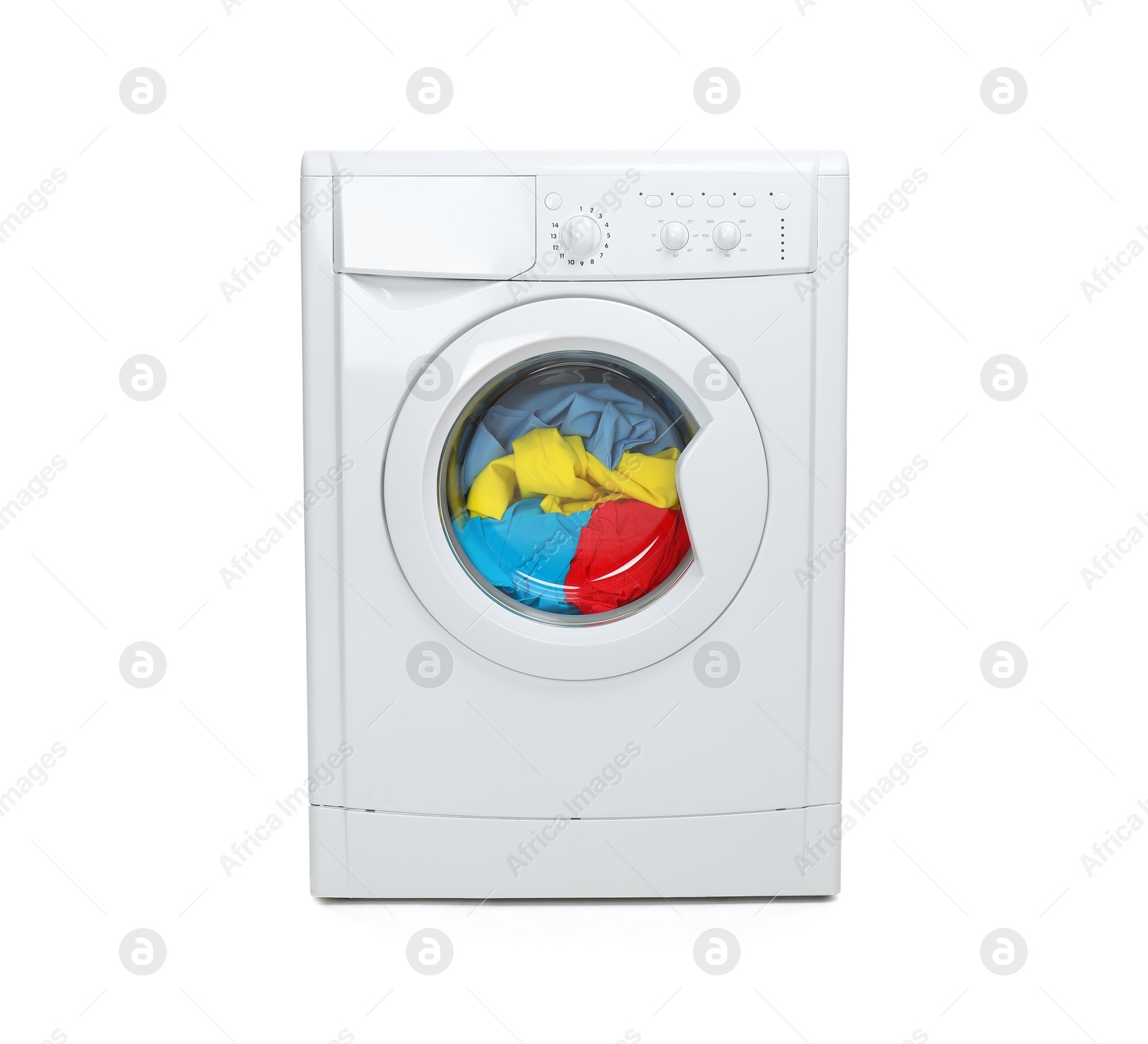 Photo of Washing machine full of colorful clothes isolated on white