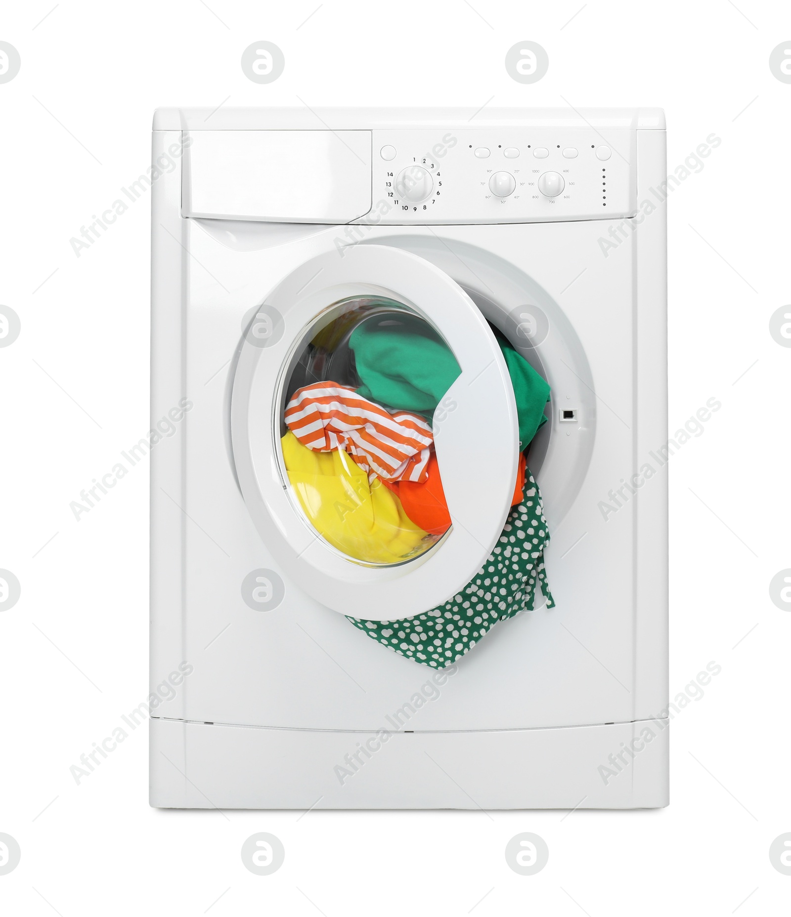 Photo of Washing machine full of colorful clothes isolated on white