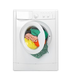 Photo of Washing machine full of colorful clothes isolated on white