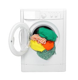 Photo of Washing machine full of colorful clothes isolated on white