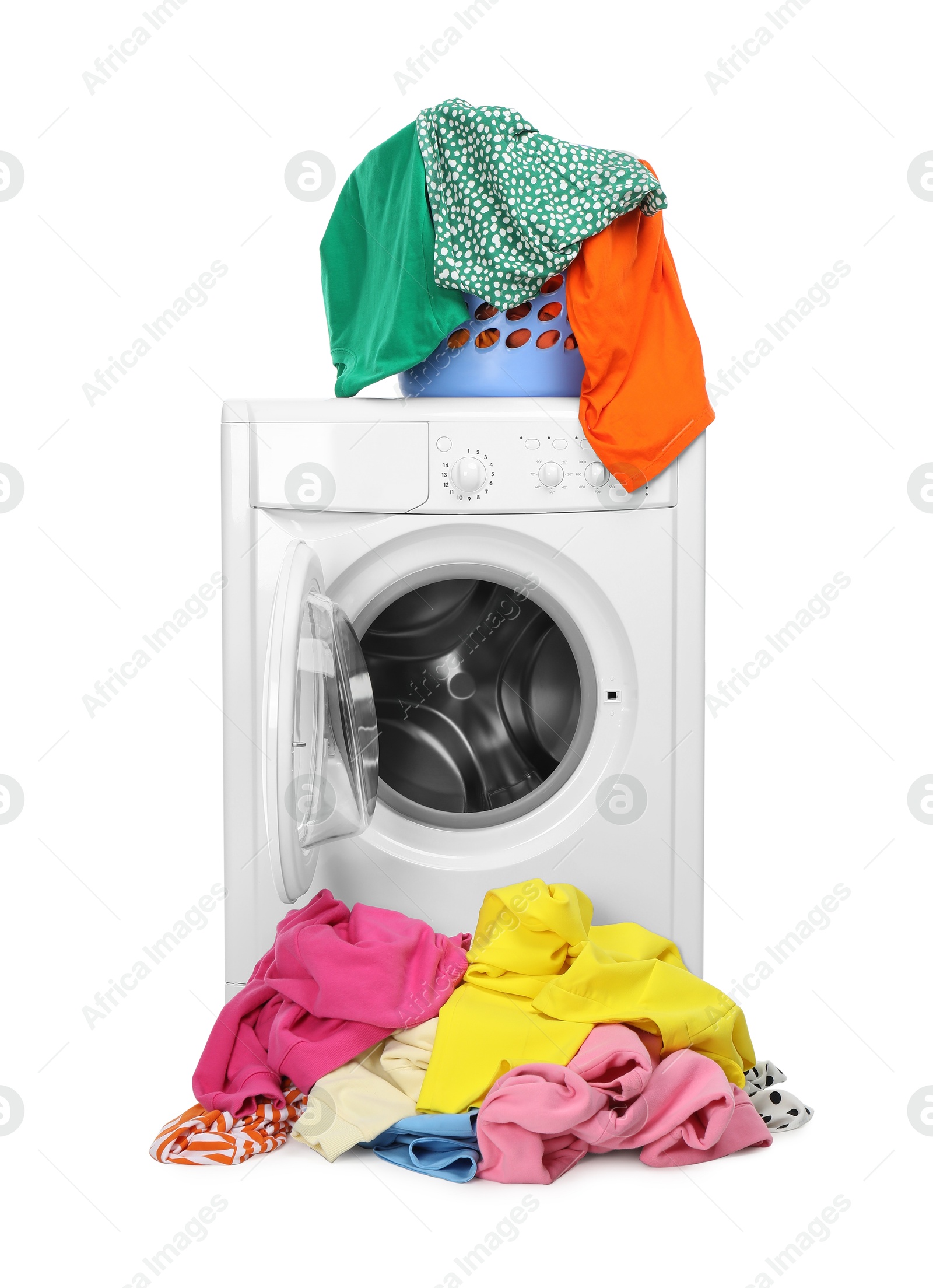 Photo of Washing machine and laundry basket with colorful clothes isolated on white