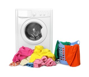 Photo of Washing machine and laundry basket with colorful clothes isolated on white