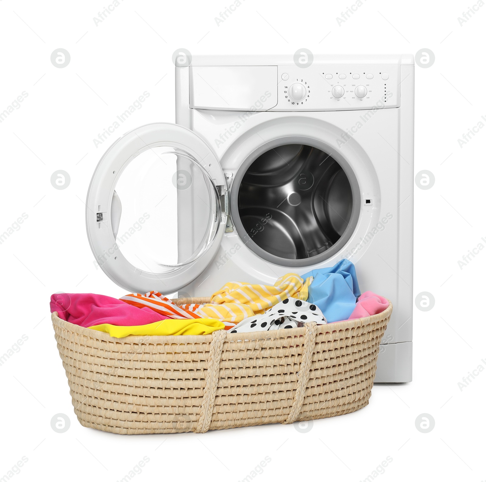 Photo of Washing machine and laundry basket with colorful clothes isolated on white