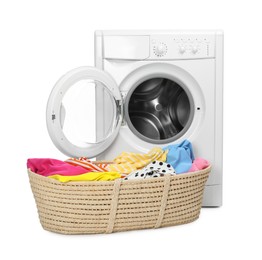 Photo of Washing machine and laundry basket with colorful clothes isolated on white